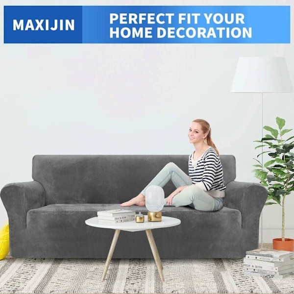 Super Stretchy Tykk Fløyel Sofa Deksel for Hunder Katt Kjæledyrvennlig 1-Stykke Elastisk Møbelbeskytter Plysj (3 Seater, Grå)