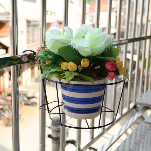 Plant Pot Stand, Metal Round Flower Pot Holder, with Hooks, for Garden Balcony Railings Black-1 pcs-Fei Yu