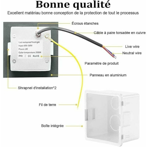 4 stk. 3W LED indbygningsvæglampe, koldt hvidt IP65 vandtæt trappebelysning, trinbelysning, aluminium, indendørs udendørs belysningsdekoration (koldt hvidt,