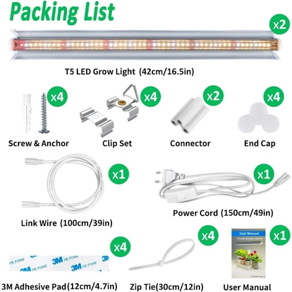 4 stk. T5 plantelys, fuldt spektrum 42 cm LED vækstlys, plantevækstlampe med reflektor/Daisy Chain-design til frøplanter, dyrkningshylder