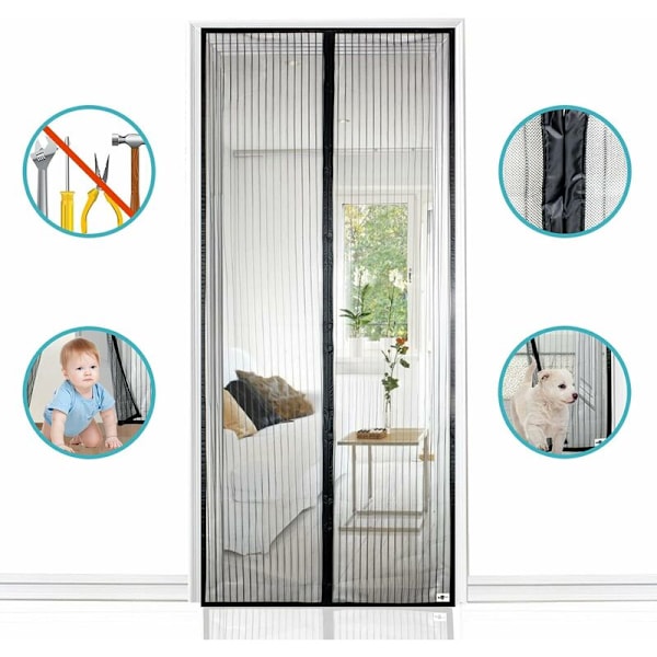 Magnetisk skærmdør, netgardin, magnetisk top-til-bund-forsegling lukker automatisk, hold frisk luft inde (90x200 cm, sort)