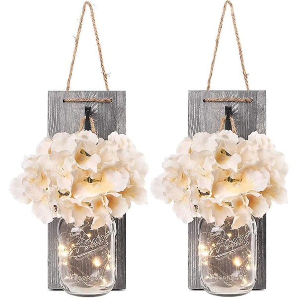2 Rustikke Mason Jar Strengelys - Silkehortensia Og Led Strengelys For Hjem, Jul, Vegg Og Tredekorasjon Med Kunstig Blomst