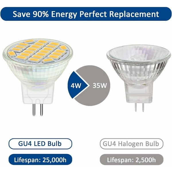 MR11 GU4 12V LED 4W Varm Hvid 3000K, 350LM, 120° 35mm MR11 35W Halogen Equivalent, AC DC 24V 12V GU4 Indbygget LED Spot til Camper Køkken Møbler
