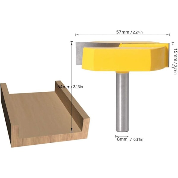 8mm fres, bunnrensende overflateplaner, T-spor T-spor freser, 8x57mm bunn, gult blad