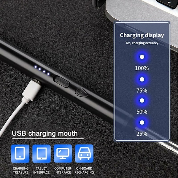 Elektrisk lighter, USB genopladelig bue elektrisk lighter, lang rækkevidde stearinlys lightere til grill, køkken, komfur og camping (sort)