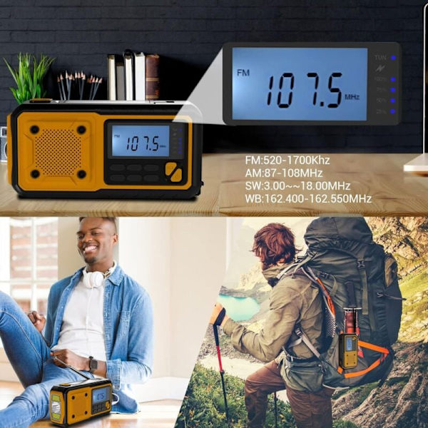 Kampikäyttöinen hätäradio 4000 mAh akulla ja näytöllä, monitoiminen aurinkoradio AM/FM NOAA-sääradio 4 tilan LED-taskulampulla