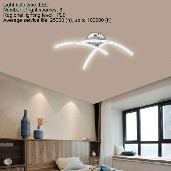 LED-kattovalaisin, moderni muotoilu, kaareva kattokruunu, jossa on 3 kaarevaa valoa olohuoneeseen, makuuhuoneeseen, ruokasaliin, 18 W (kylmä valkoinen)
