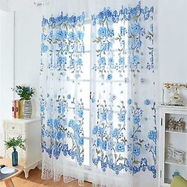 100 x 200 cm Blomsterprint Tyndt Tørklæde Transparent Gardiner Voile Vinduespaneler Blå