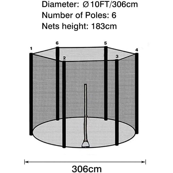 Trampolin skyddsnät, ersättning trampolin säkerhetsnät, Ø305cm trampolin säkerhetsnät med dragkedja, 6 raka stolpar säkerhetsnät