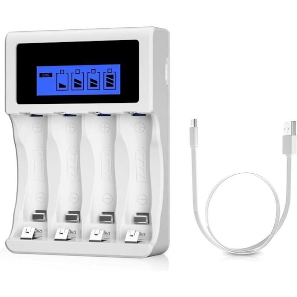 Hvid batterioplader, AA/AAA-oplader med stort LCD-display, 4 ladepladser, universel hurtig batterioplader, til NI-MH NI-CD-batterier, til AA a