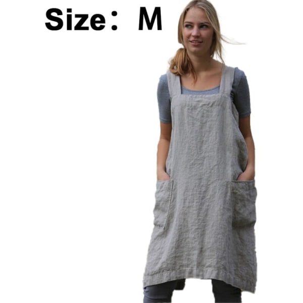 Bomuldslinned forklæde krydsryg forklæde til kvinder med lommer forklæde kjole til bagning madlavning grå M