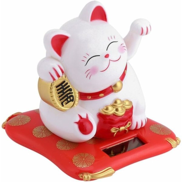 Solcelledrevet vinkende katt bildekorasjon japansk lykkekatt solcelledrevet lykkebringende dekor (hvit)-Fei Yu