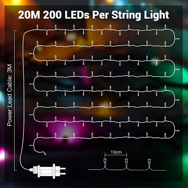GlobaLink värikkäät LED-valosarjat jouluun, 20M 200 LED-valosarja DIY moniväriset jouluvalot ja 8 tilaa sisä- ja ulkokäyttöön