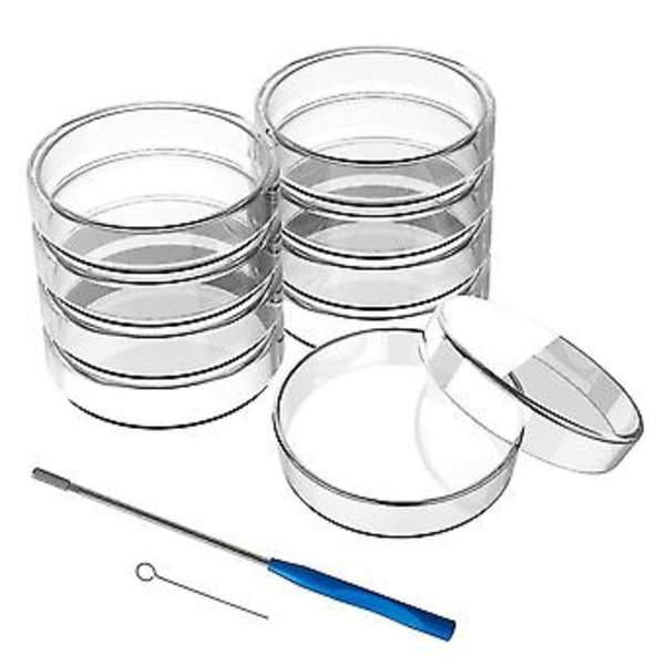 60 mm glasdiameter, 10 stk. autoklaverbare laboratorieplader med en inokulationsløkke, autoklaverbare og genanvendelige