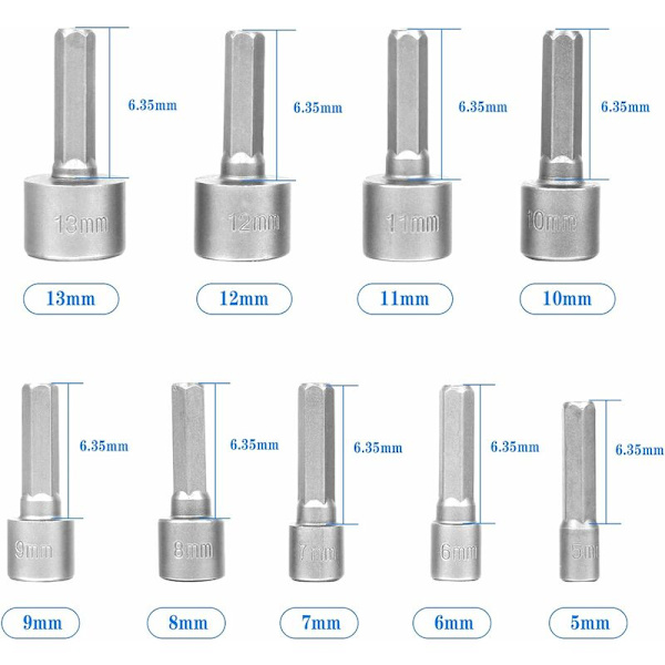 9 stk 5-13mm Skrutrekker Sokkel, Magnetisk Hex Sokkel Adapter, Skrutrekker Bit Adapter for Muttertrekker, Elektrisk Skrutrekker, Sokkelnøkkel