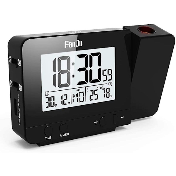 Infactory Radioprojektionsväckarklocka: Projektionsradioväckarklocka, termo/hygrometer, 2 larmtider, USB-laddningsport (väckarklocka med