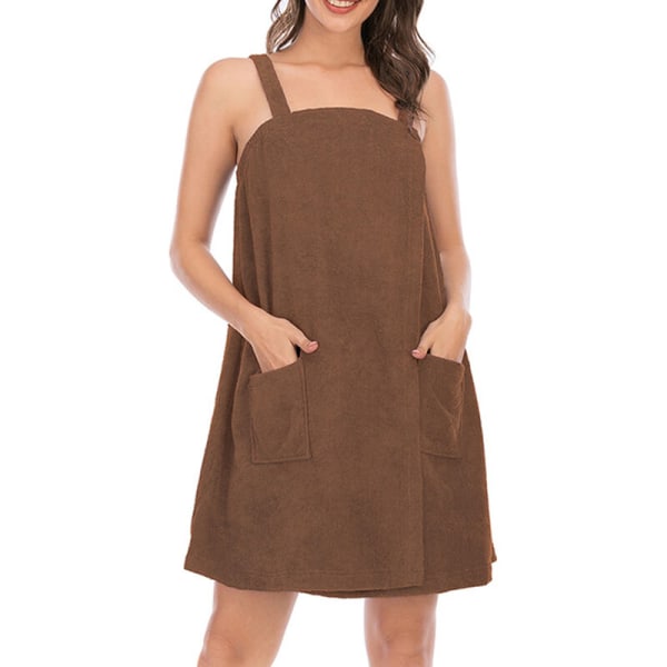 Kvinners badekåpe/dusjomslag med stroppelukking, lett, knelang, brun, XL