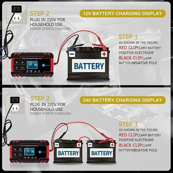 12V/24V 8A Intelligent Batterilader, Batterilader Vedligeholdelse og Automatisk Reparation Bærbar Funktion med LCD-skærm, til Bil Motorcykel Lastbil