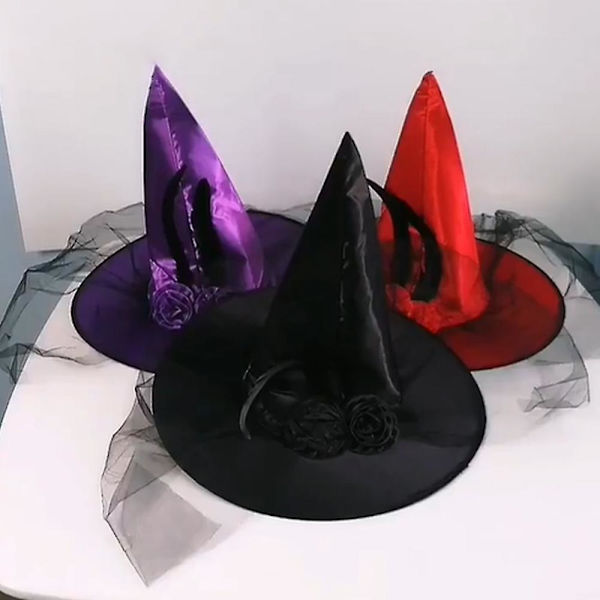 Halloween heksehat til fest, heksehatte, dameheksehatte med roser og fjer, sort