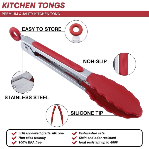 7\" Mini Silikon Kjøkkentenger - Sett med 3, Rød - Hendige Serveringstenger for Matlaging