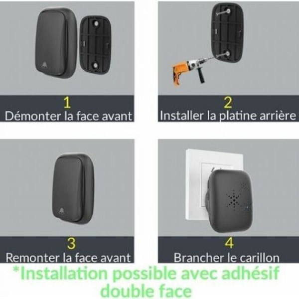 Trådløs og batterifri dørklokke, vandtæt, IP 65, sne, regn, fugt, sort..