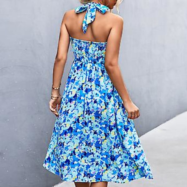 Trendy Blå Blomstrete Halterneck Kjole - Ryggløs Volangkant Smocket Elegant Sommermote, XL