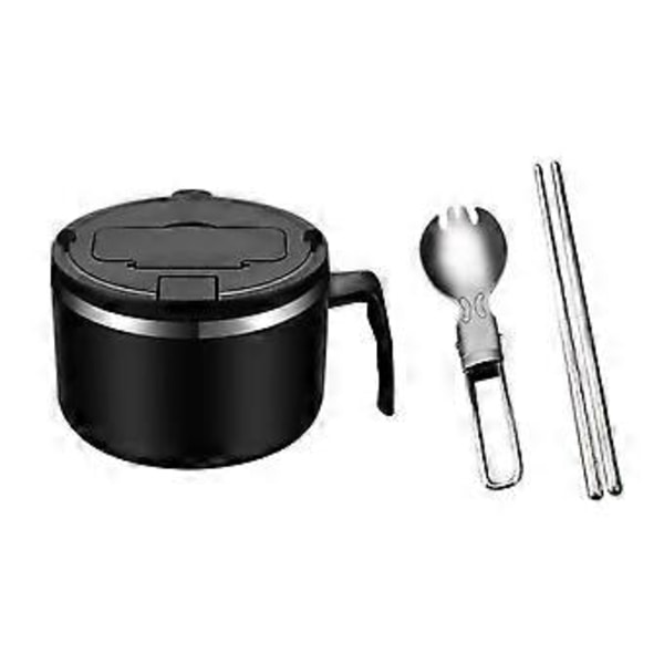 1200ml Nudel Skål med Lock, Rostfritt Stål Snabbnudel Skål, Snabb Ramen Skål med Filtrerbart Lock Svart