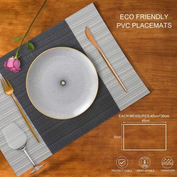Plassmatter, sett med 6, vaskbare, sklisikre, varmeisolerende vevde vinylbordmatter for kjøkken, spisestue, plassmatter 30x45cm (grå)