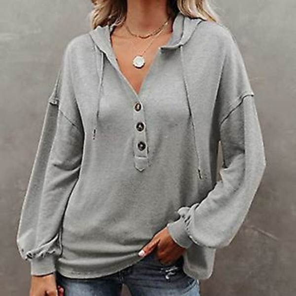 Bluse Langermet V-hals Knapp Ensfarget Casual Moteriktig Hettegenser Topper for Kvinner Grå L