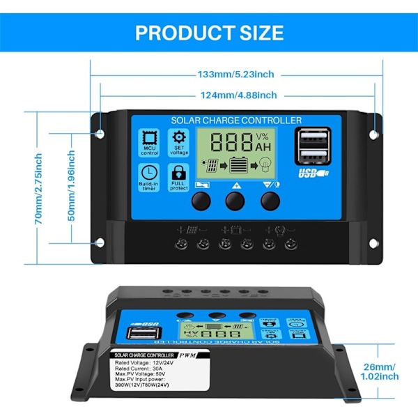 30A 12V/24V intelligent PWM solcellepanel regulator ladekontroller med 5V dobbel USB-port LCD-skjerm for blybatterier