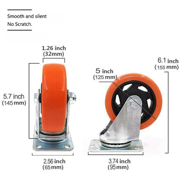 Møbelhjul med bremser, 125mm Heavy Duty Caster Wheels Leje 900KG Svingbare Trolley Casters med skruer, Gummieret Trolley Wheel