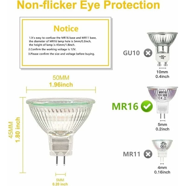 Halogenpærer, MR16 Spotpære, 12V 20W Pære, Gu5.3 Pære Dæmpbar MR16 Pære, 2 Pin Halogenpærer Varm Hvid 2700K, Glasdæksel til Loftslampe