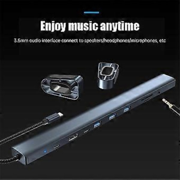 10 i 1 USB C Hub Multiport Adapter Portabel Dongel 4K PD 100W USB 3.0 Gigabit Ethernet RJ45 Dockningsstation Laptopställ