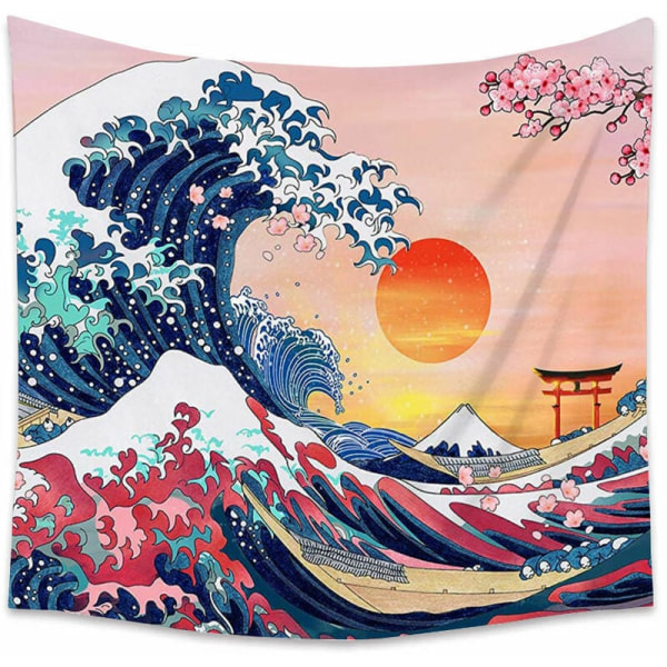 Tapestry Japanese Ocean Wave Wall Decorations Cherry Blossom Tree Backdrop Sunset Tapestry Wall Hanging Kanagawa Tapestry for Japanese Party Home De