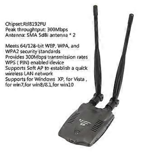 2.4GHz Högeffekts 300Mbps Trådlös USB-adapter, USB WiFi Nätverksadapter, Dubbla 5dBi Antenner