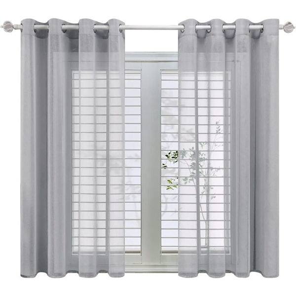 Grå transparent gardin 140x160cm linneeffekt - transparent voile sovrumsgardiner med öljetter halvtransparent för inredning vardagsrum modernt kök gardin