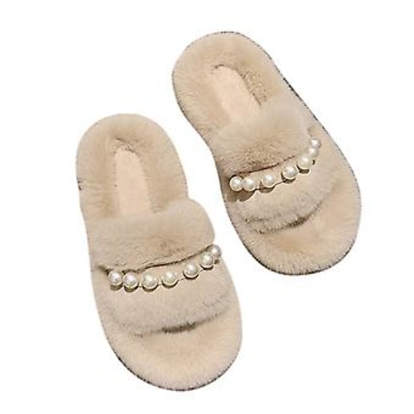 Fuzzy tofflor för kvinnor med konstgjorda pärlor, gummisula, mjukt hudvänligt material, halkfria vintertofflor för kvinnor, för sovrum utomhus, Khaki, storlek 37 EU