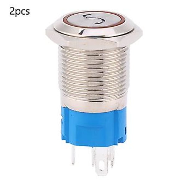2 st 16mm Tryckknappsbrytare Rostfritt Stål Platt Huvud Ljus, Nummer 5 Skylt IP65 Gul 220VAC, Vattentät Momentan Brytare för Industri & DIY