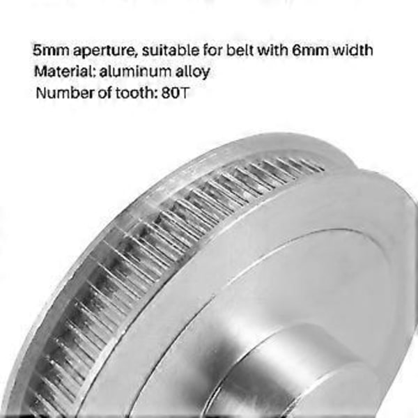 5mm Hål GT2 80T Remhjul Synkront Hjul 2GT Kamremsremhjul 80 Tänder för Voron 2.4 3D-skrivare 6mm Bred Bälte