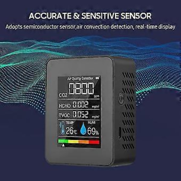 Bärbar Luftkvalitetsmätare Inomhus Co2 Detektor 5 I 1 Formaldehyd Hcho Tvoc Testare Lcd Temperatur