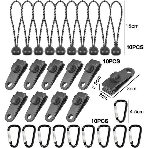 30 stk teltklips presenningklips markiseklemme presenningklemmer med strikkballtau og karabinkrok for utendørs campingtelt markiser