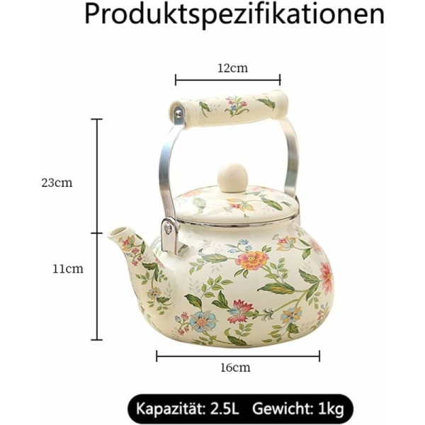 Emaljeret induktionskedel 2,4 L emaljekande Vintage tekande, Keramisk håndtag, induktionskomfur, gas, brændeovn
