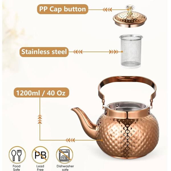 Rustfrit Stål Tekande med Infuser 1,2 L, Tekande med Aftagelig Filter til Filtrering af Te eller Andre Teer, Bronze