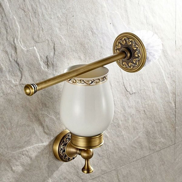 Toiletbørsteholder i keramik, retro messing, til badeværelset (børste inkluderet), antik messing finish, badeværelsestilbehørssæt til vægmontering