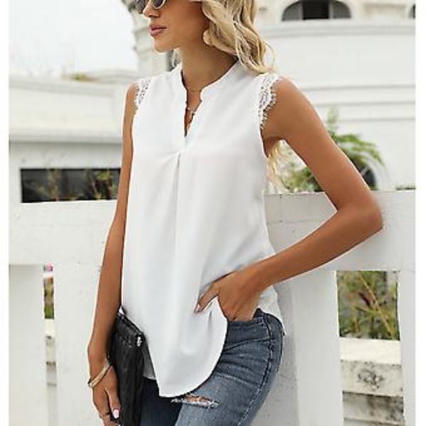 Tanktopp for kvinner V-hals Blondekant Løs Passform Ensfarget Kul Chiffon Casual Skjorte for Daglig Bruk Hvit XL
