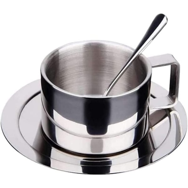 Stylish Stainless Steel Coffee Cup Set, 200ml Double Wall Insulated Cup with Saucer and Spoon, for Home and Camping, Silver