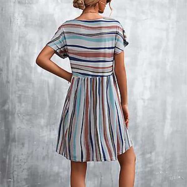 Tyylikäs Khaki-raitakuosinen lyhythihainen mekko - Kevyt kesäinen vapaa-ajan asu, M