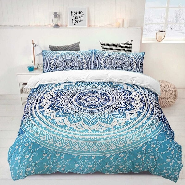 BEDDING Bohemian Bedding Set Blue Mandala Duvet Cover Set of 3 pcs Bedding Set Duvet Cover for Girls with Duvet Cover with 2 Pillowcase Set 200x200c