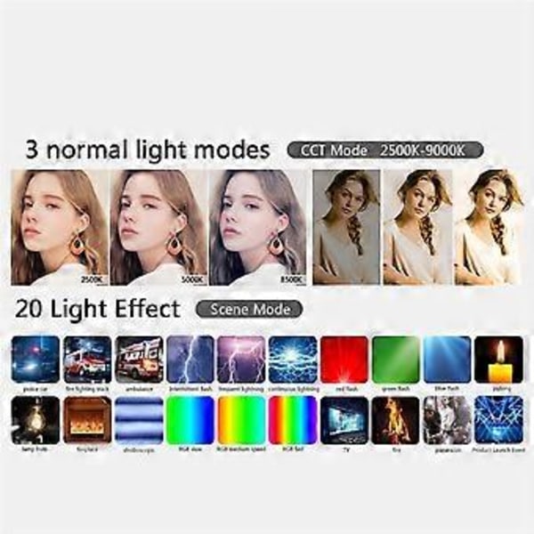 2500K-9000K LED RGB -kameralamppu, värilähdön videolamppusarja, himmennettävä paneelivalo, ladattava LED-valo, musta