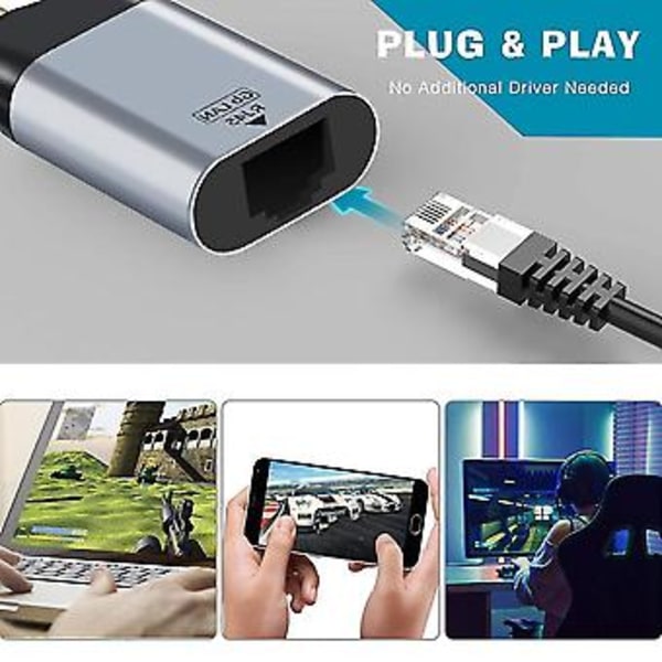USB-C til Ethernet Adapter USB-C til RJ45 LAN Nettverkskonverter Kompatibel 3, 10/100/1000 Mbps